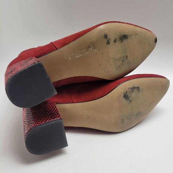 Portuguese Red Suede Leather & Snakeskin Block Heel Point Boots - Picture 10 of 14